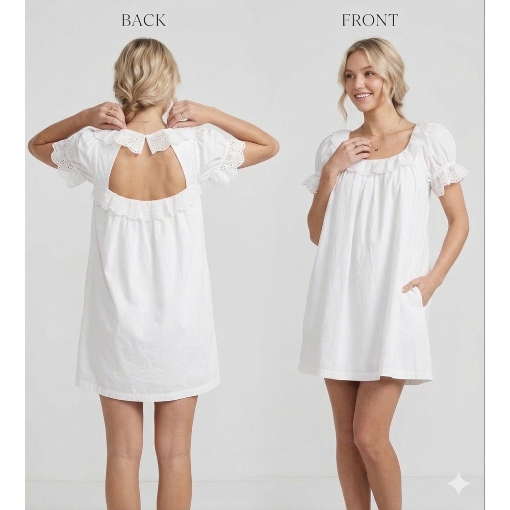 Princess Polly White Eyelet Lace Puff Sleeve Open Back Babydoll Mini Dress US 6